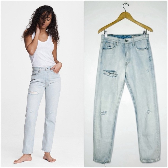 Rag & Bone Maya High Rise Slim Leg Light Blue Distressed Jeans Size 27 - Picture 1 of 9